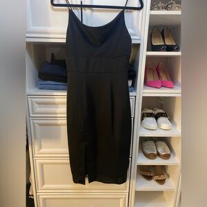 Express Classic Black Cowl neck strap dress with side slit.
